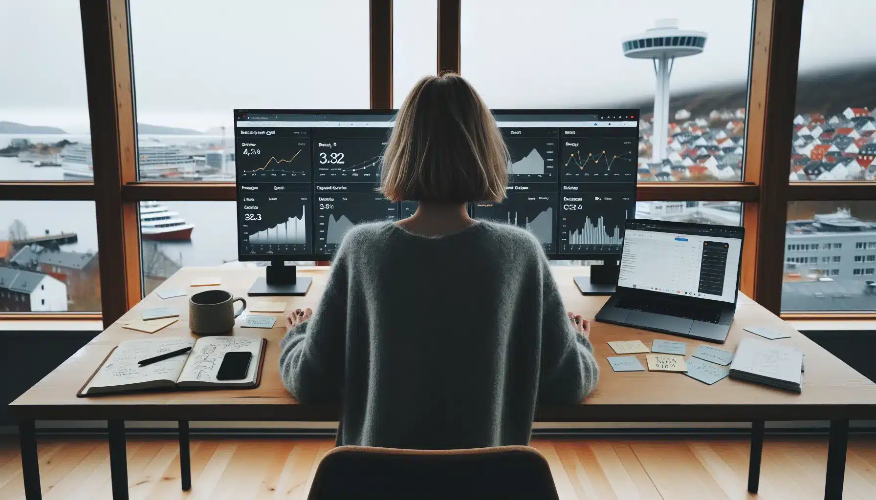 Analyst in oslo reviewing traffic and ranking dashboards on multiple screens