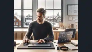 Norwegian marketer analyzing ai driven search algorithm trends on laptop by window