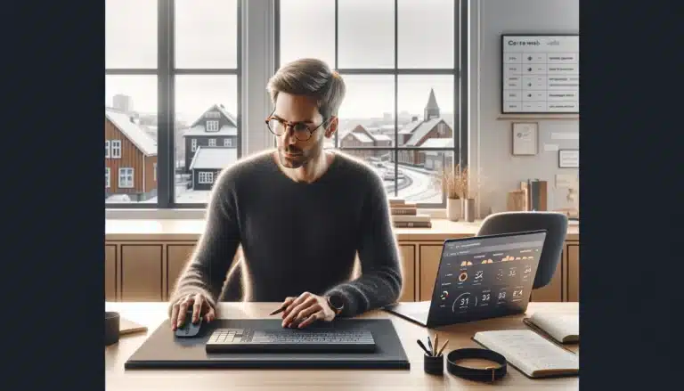 Norwegian marketer analyzing ai driven search algorithm trends on laptop by window