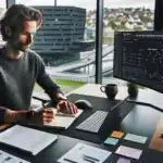 Norwegian marketer analyzing ai driven search results on dual monitors in oslo