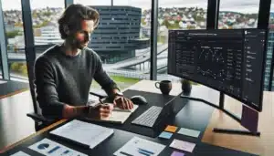 Norwegian marketer analyzing ai driven search results on dual monitors in oslo