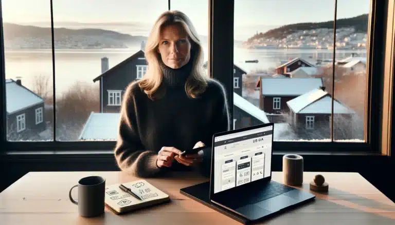 Norwegian marketer checks mobile seo metrics on smartphone in a wintery oslo office