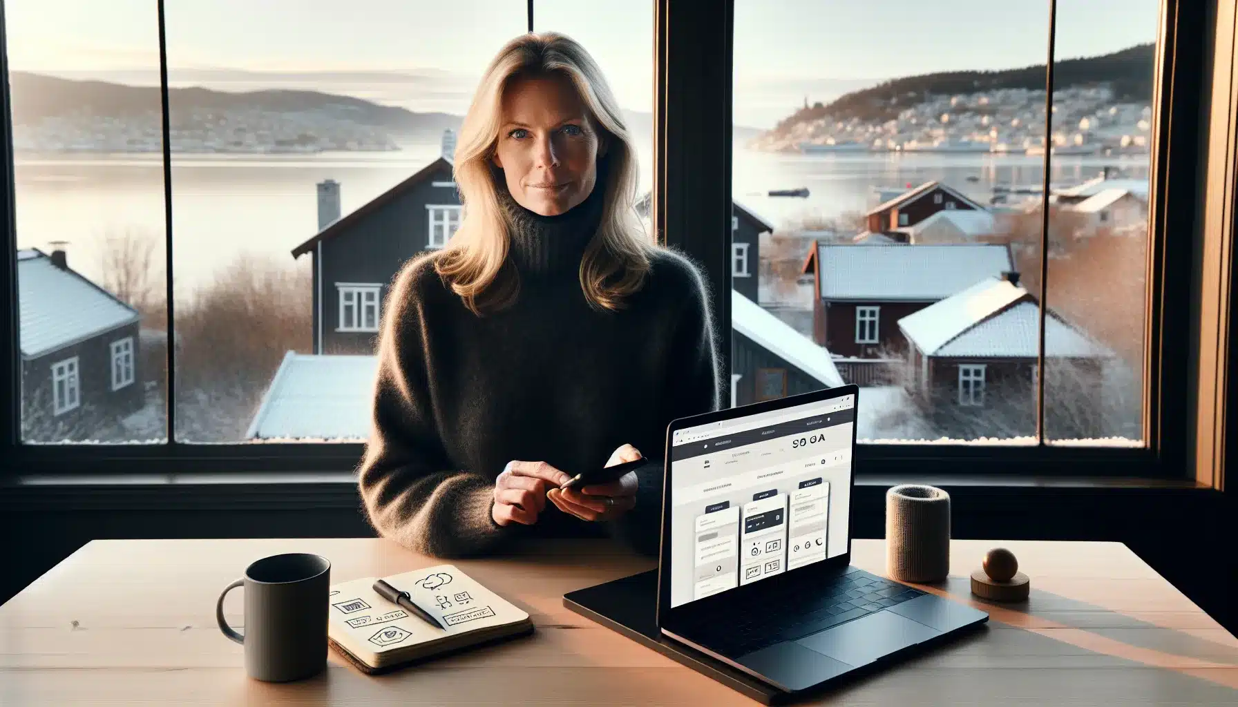 Norwegian marketer checks mobile seo metrics on smartphone in a wintery oslo office