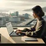 Norwegian content writer crafting seo friendly article on laptop with search results open