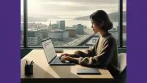 Norwegian content writer crafting seo friendly article on laptop with search results open