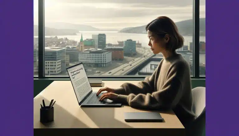 Norwegian content writer crafting seo friendly article on laptop with search results open