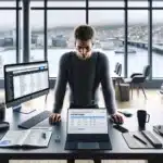 Norwegian marketer analyzing seo keyword data on laptop in modern oslo office