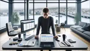 Norwegian marketer analyzing seo keyword data on laptop in modern oslo office
