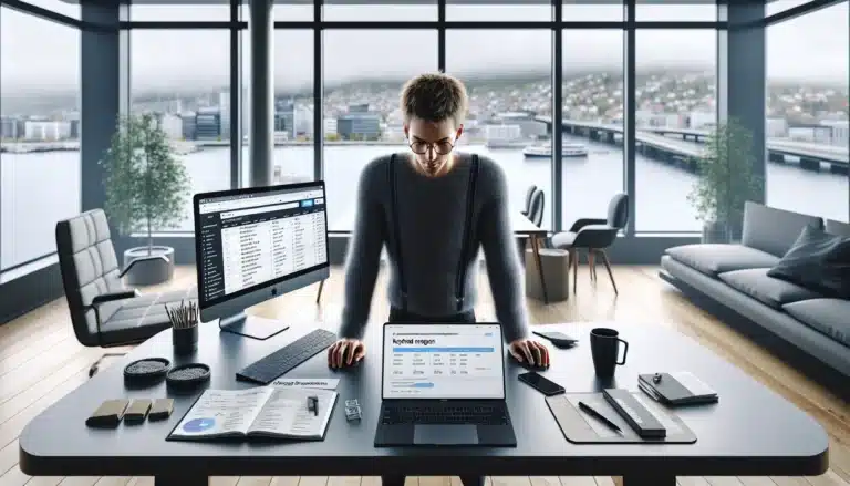 Norwegian marketer analyzing seo keyword data on laptop in modern oslo office