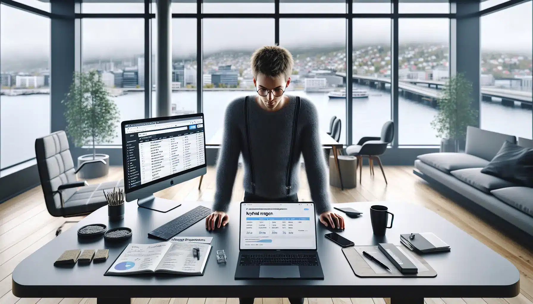 Norwegian marketer analyzing seo keyword data on laptop in modern oslo office