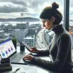 Norwegian marketer analyzing website loading speed and seo ranking metrics on laptop and phone