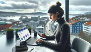 Norwegian marketer analyzing website loading speed and seo ranking metrics on laptop and phone