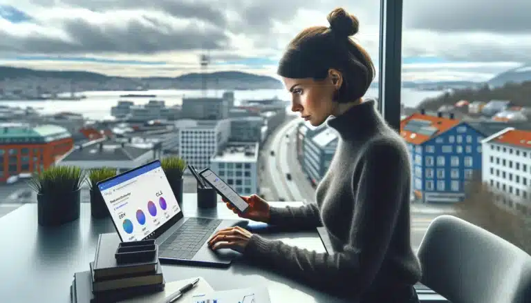 Norwegian marketer analyzing website loading speed and seo ranking metrics on laptop and phone