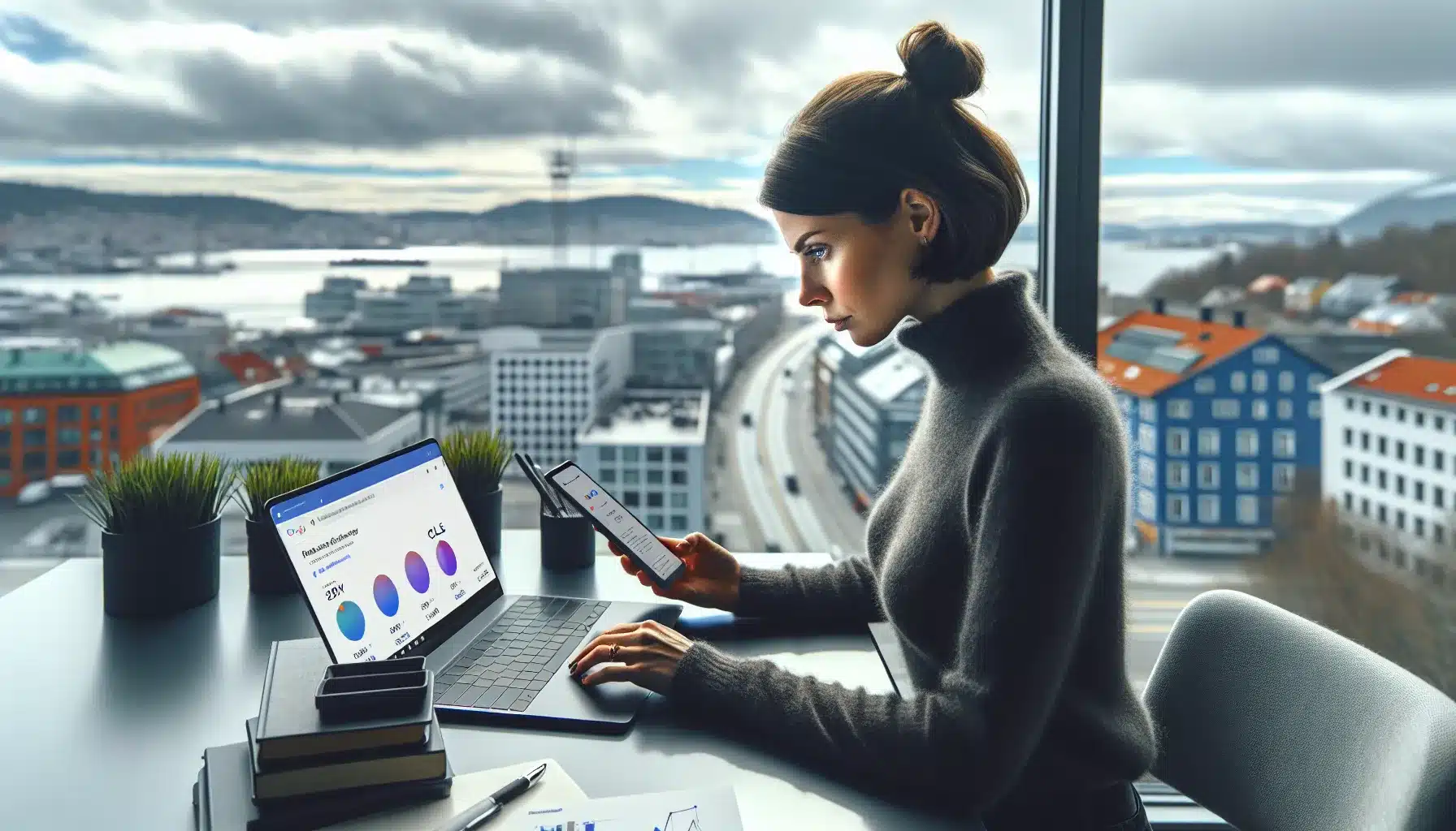 Norwegian marketer analyzing website loading speed and seo ranking metrics on laptop and phone