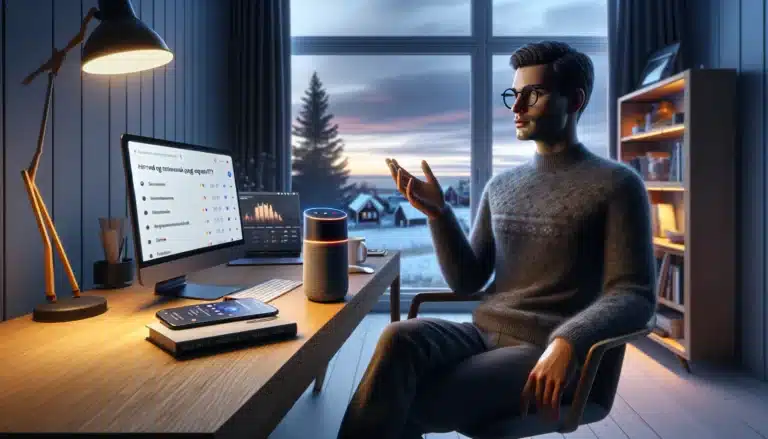 Norwegian marketer using a smart speaker and laptop to optimize for voice search