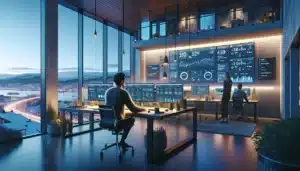 Norwegian marketers analyzing automated seo dashboards in a modern oslo office at dusk