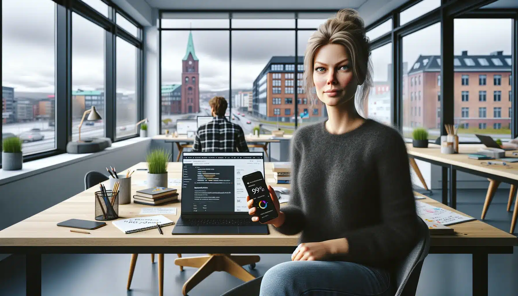 Norwegian marketers optimize a mobile website using pagespeed and seo tools in office