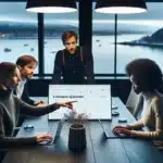 Norwegian marketing team analyzing ai driven search trends and seo data on a big screen