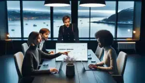 Fremtidens søketrender: hvordan forberede seo-strategien din 6 Norwegian marketing team analyzing ai driven search trends and seo data on a big screen