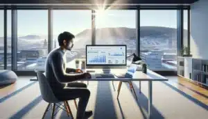 Norwegian seo specialist analyzing domain authority and trust metrics on office screens