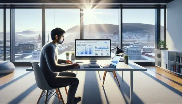 Norwegian seo specialist analyzing domain authority and trust metrics on office screens