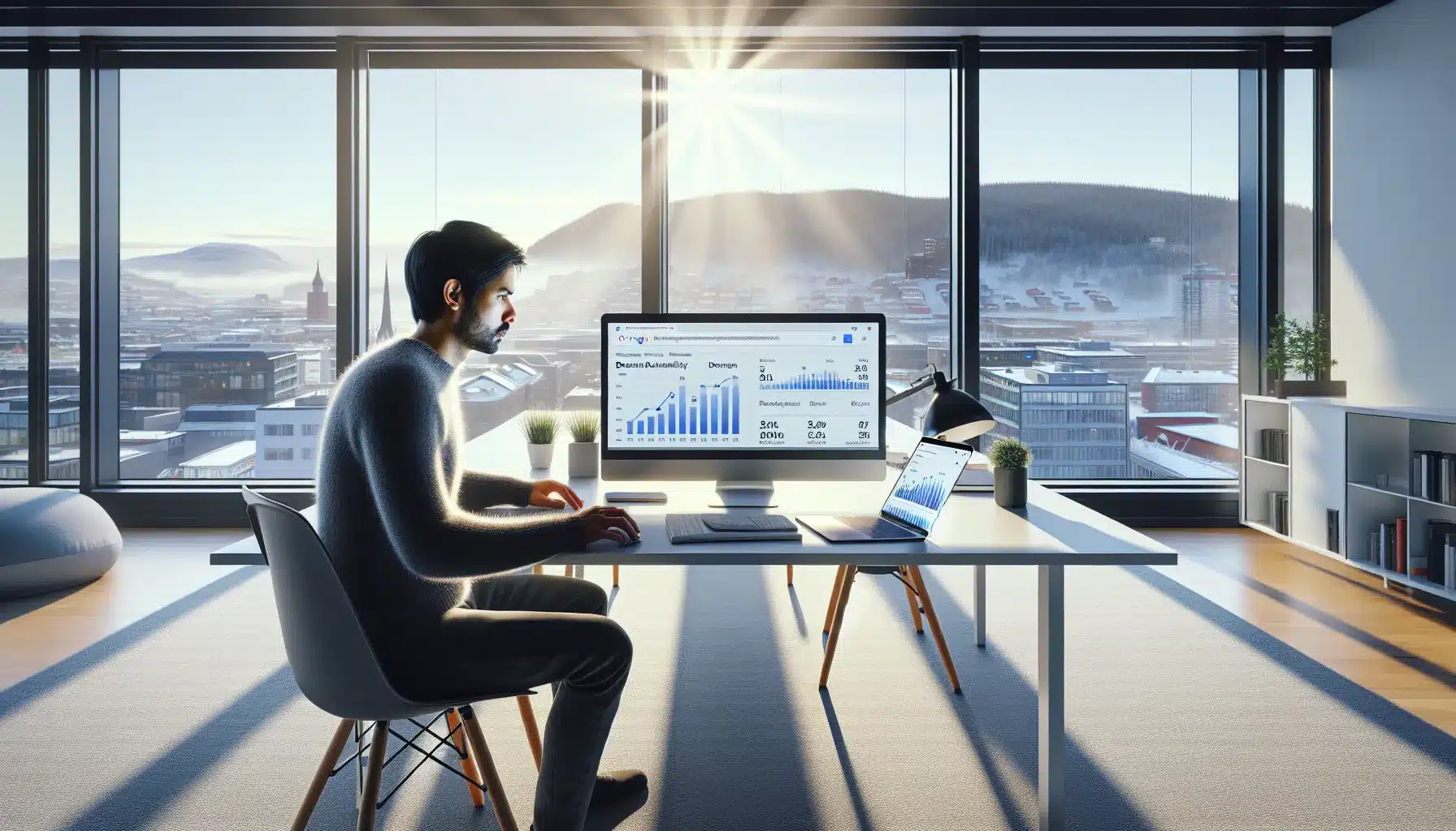 Norwegian seo specialist analyzing domain authority and trust metrics on office screens