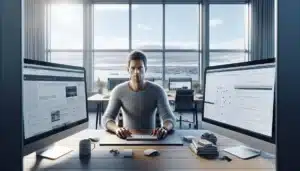 Norwegian seo specialist comparing on page content and off page backlinks on dual monitors