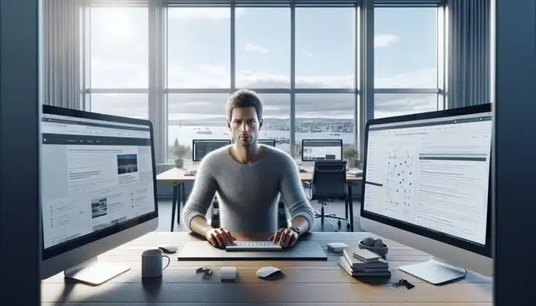 Norwegian seo specialist comparing on page content and off page backlinks on dual monitors