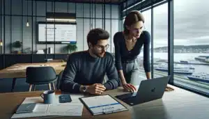 Two norwegian marketers optimize website seo on laptop with google results in oslo office