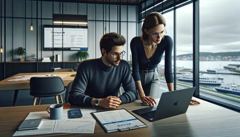 Two norwegian marketers optimize website seo on laptop with google results in oslo office